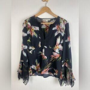 Diane Von Furstenburg Black Floral Blouse V-Neck Silk Size 12